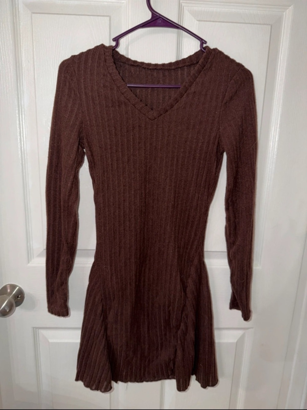Women's Brown Ribbed V-Neck Long Sleeve Dress